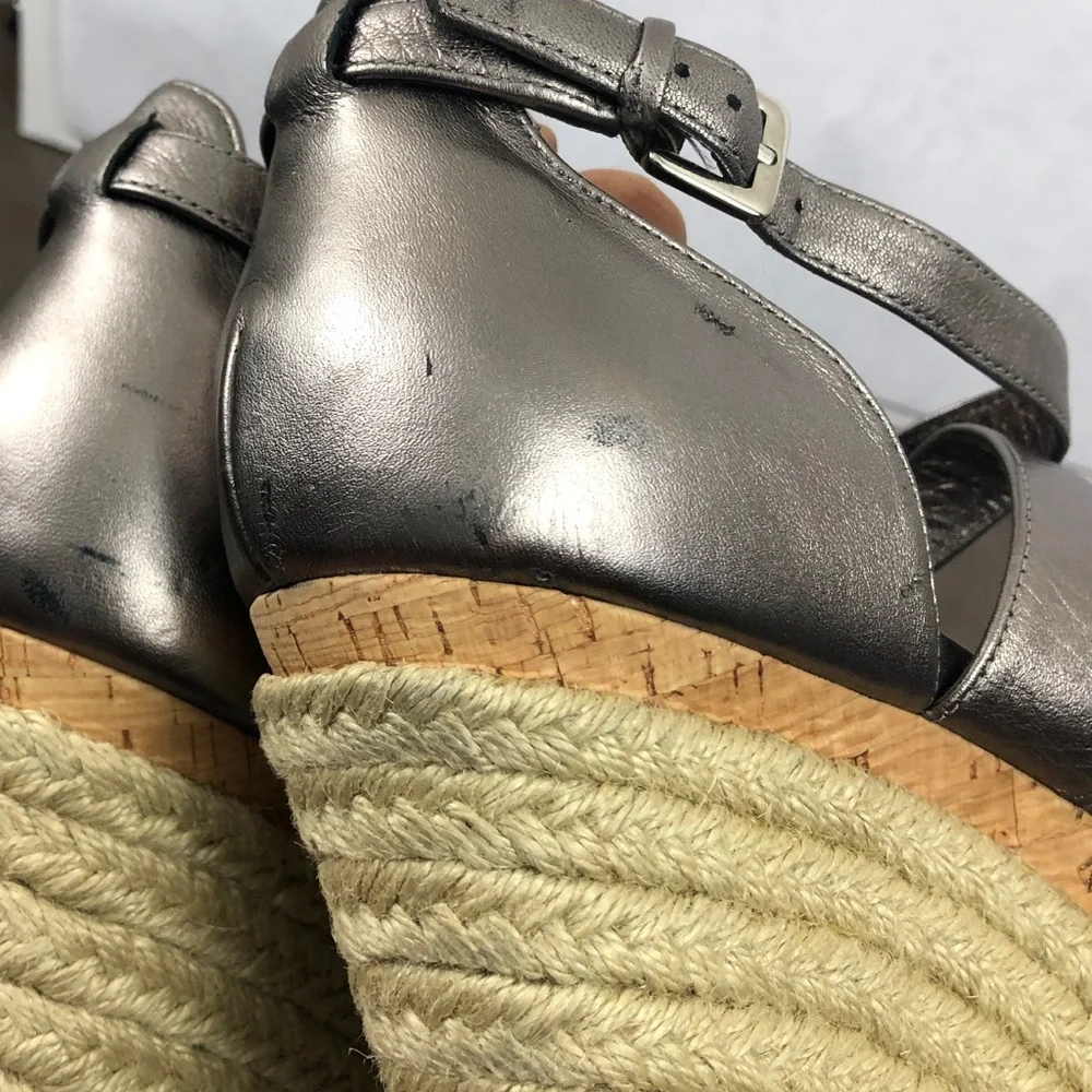 Cole Haan Metallic Pewter Leather Espadrille Wedge Sandals